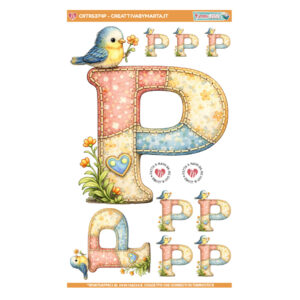 Lettera P patchwork con uccellino e fiori