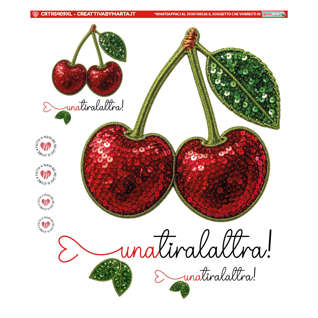 Applicazione ciliegie rosse con paillettes e foglia verde