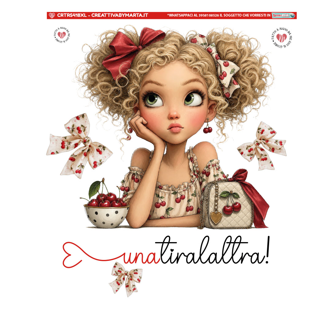 Illustrazione ragazza riccioli biondi con ciliegie e fiocchi