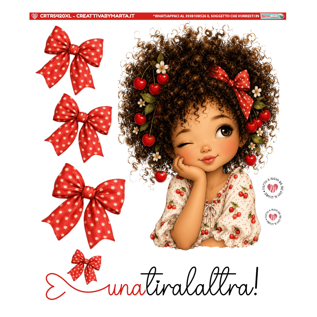 Illustrazione bambina riccia con ciliegie e fiocchi rossi