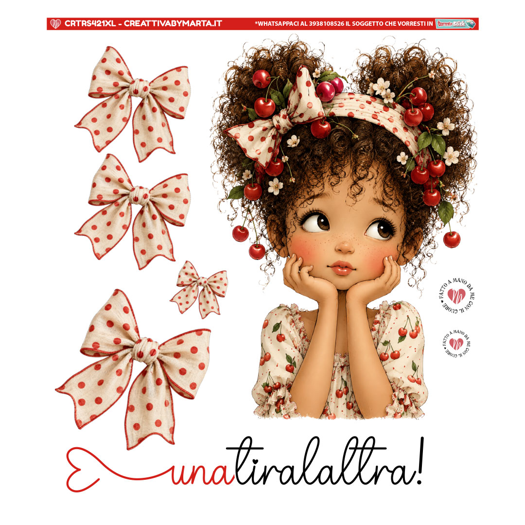 Illustrazione bambina con ciliegie e fiocchi rossi