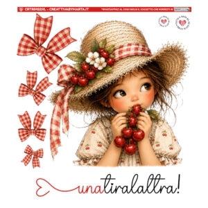 Bambina illustrata con cappello di paglia e ciliegie