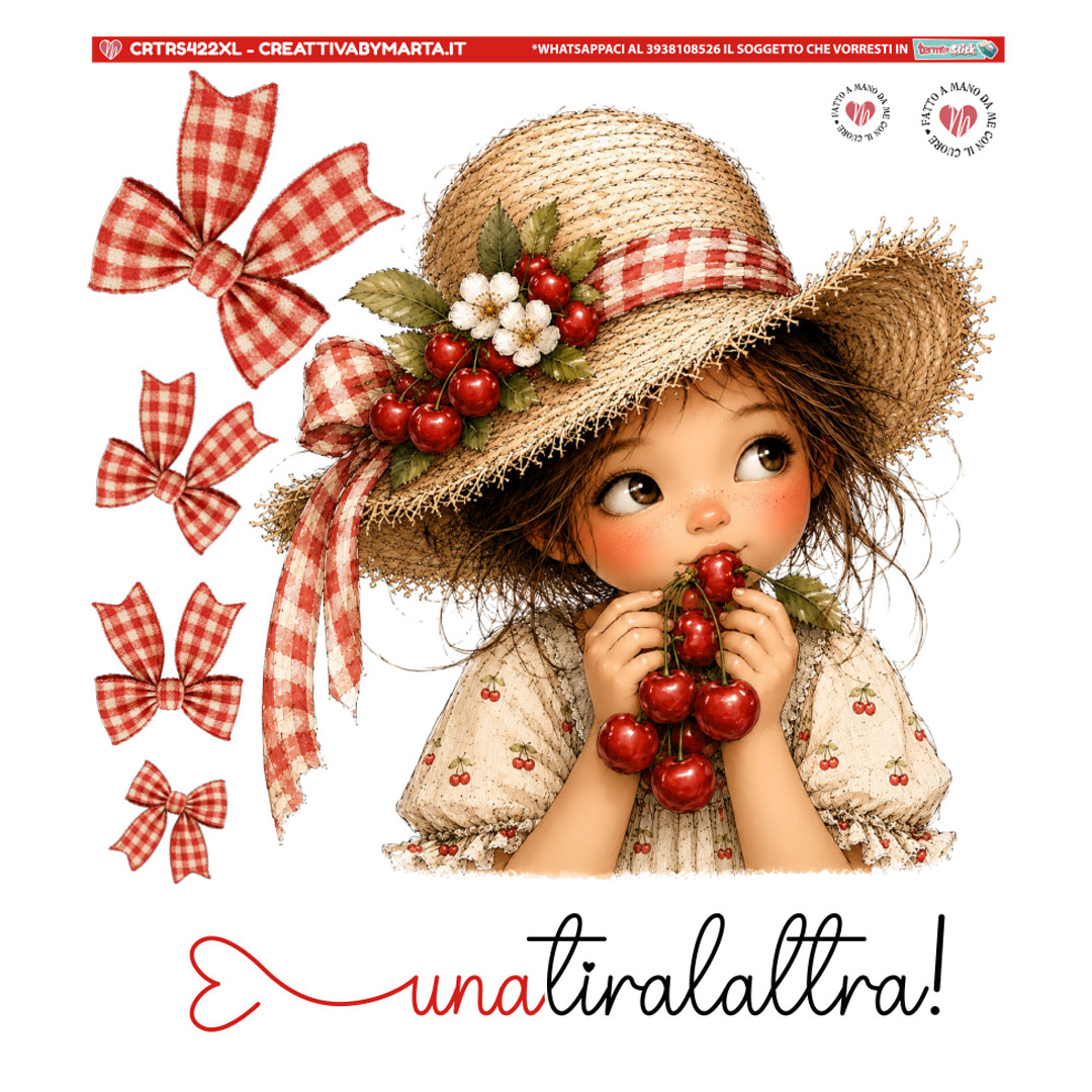 Bambina illustrata con cappello di paglia e ciliegie