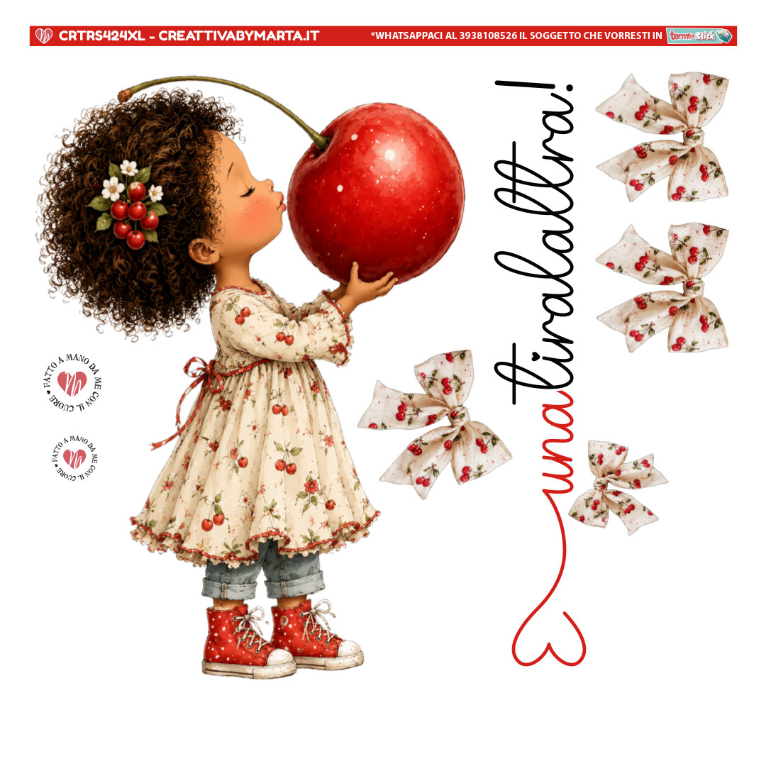 Bambina illustrata con grande ciliegia rossa