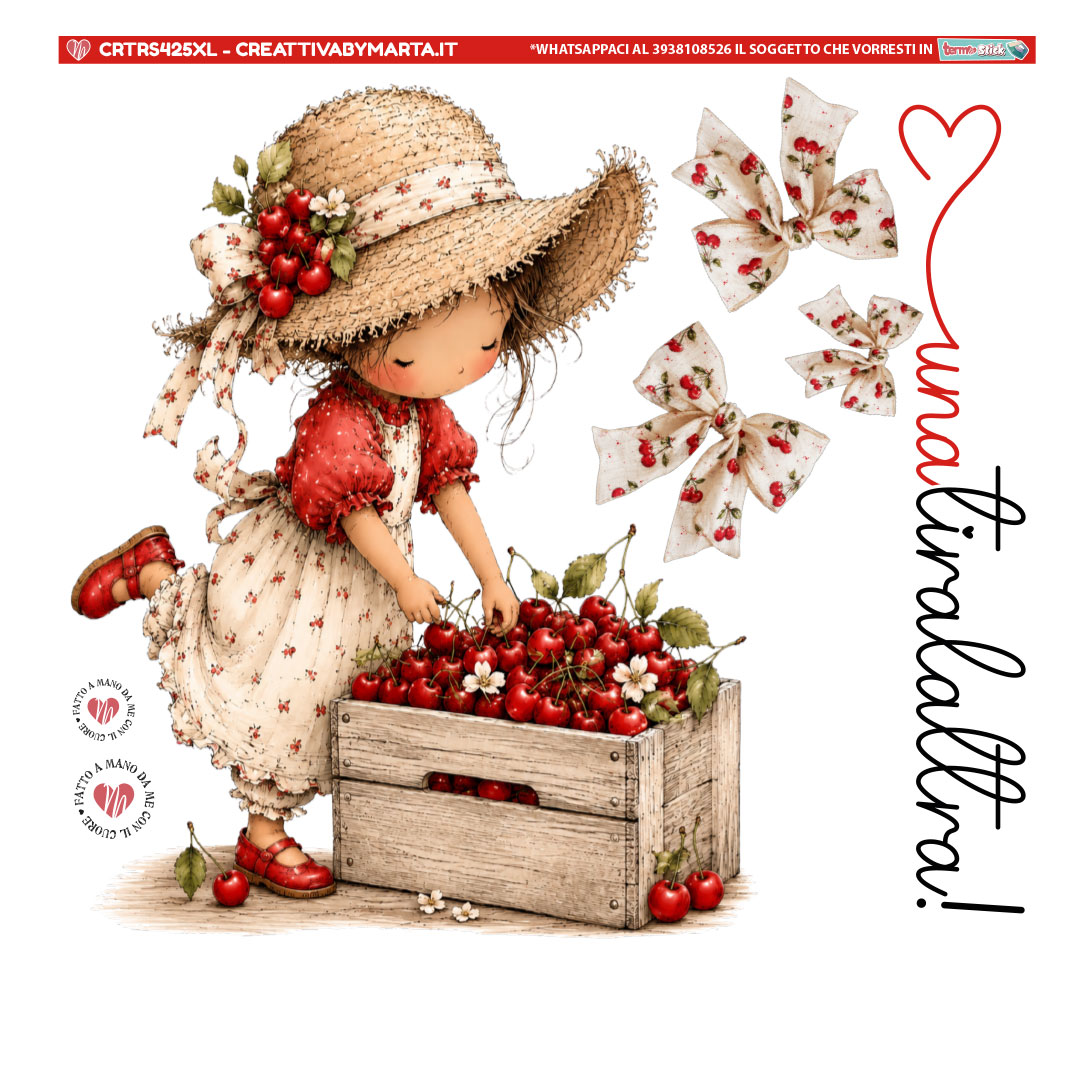 Bambina con cappello raccoglie ciliegie in cassetta