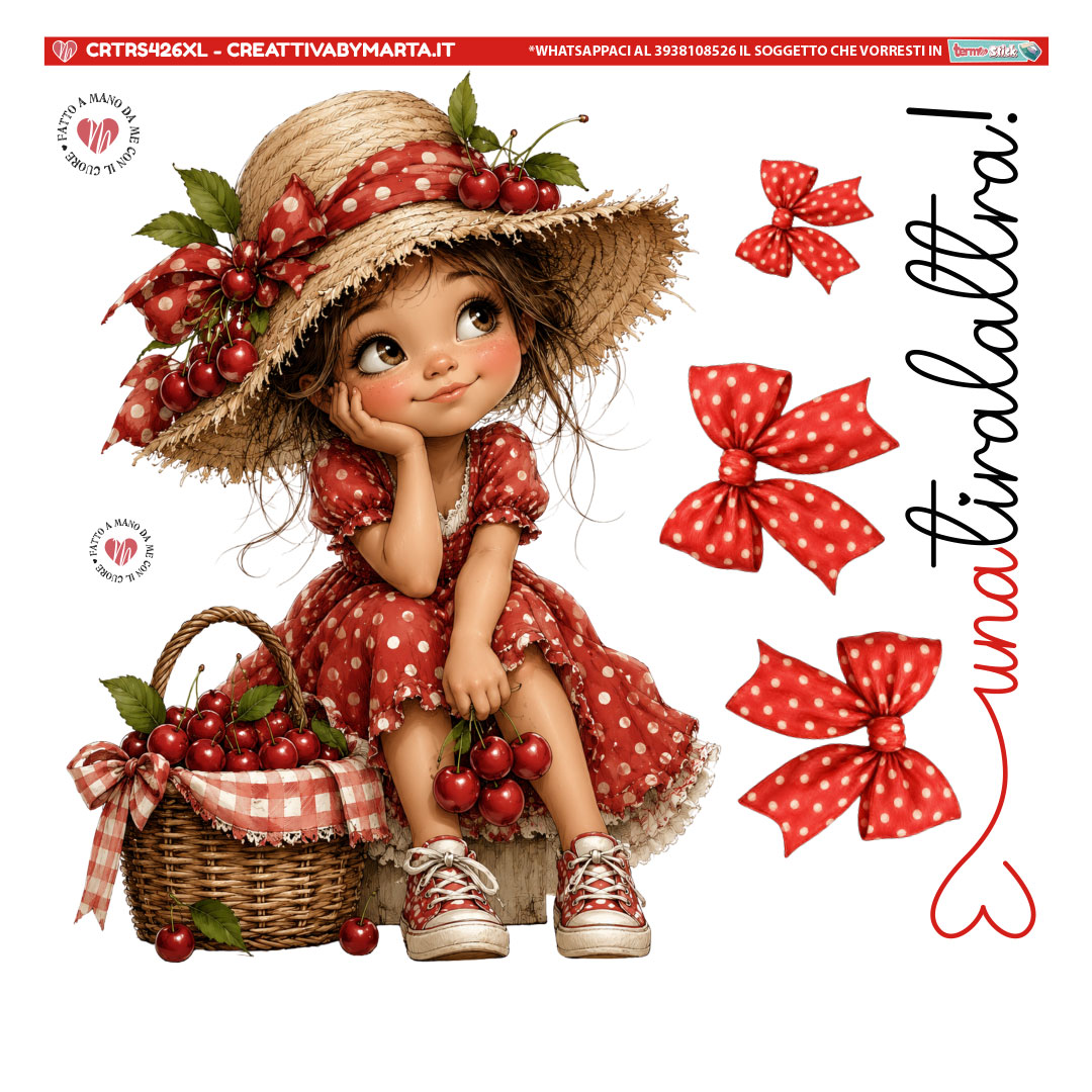 Bambina illustrata con cappello e ciliegie rosse