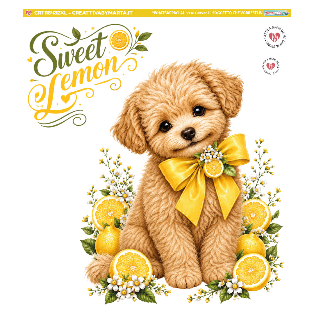 Cucciolo con fiocco giallo tra limoni e fiori
