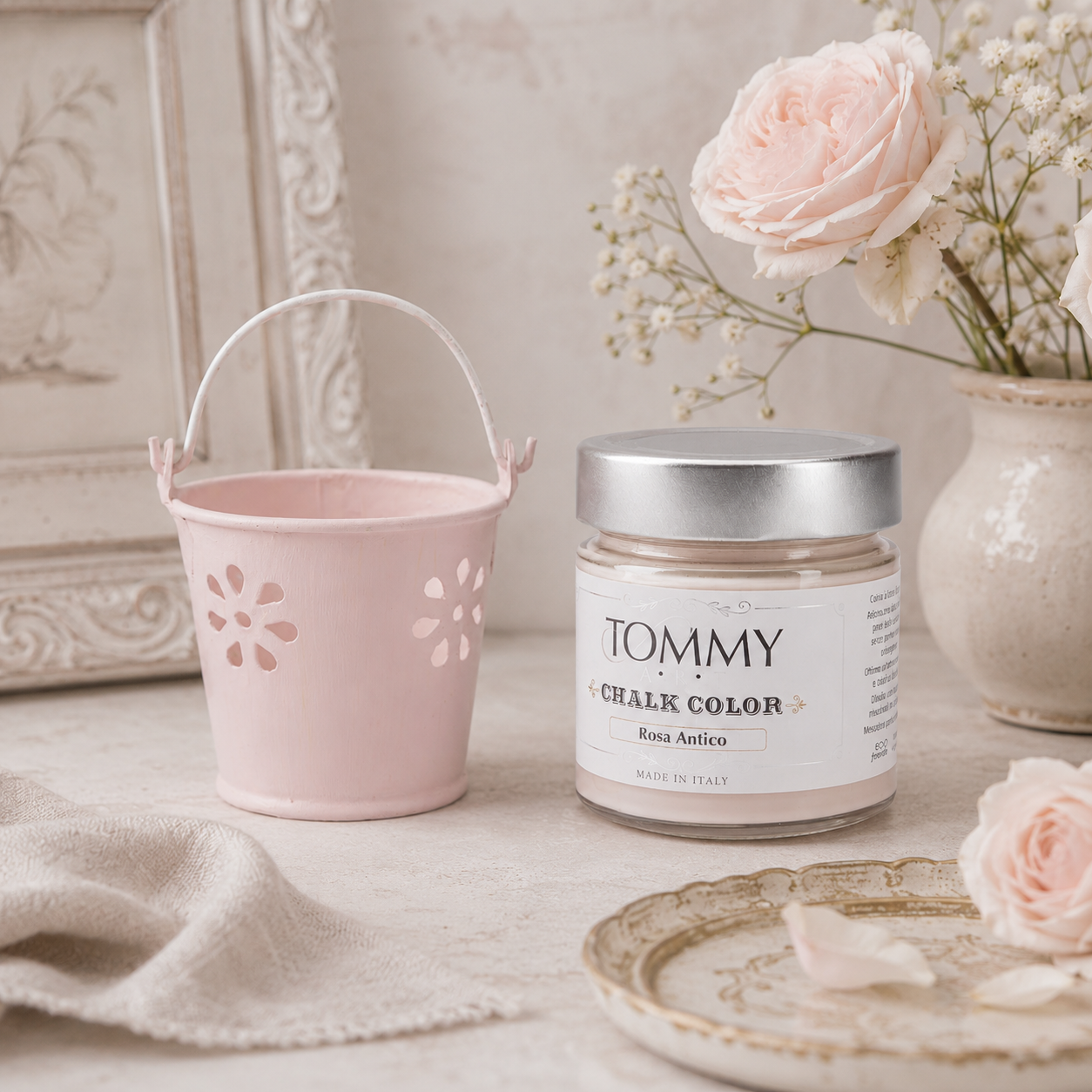 Barattolo di chalk paint rosa antico e secchiello