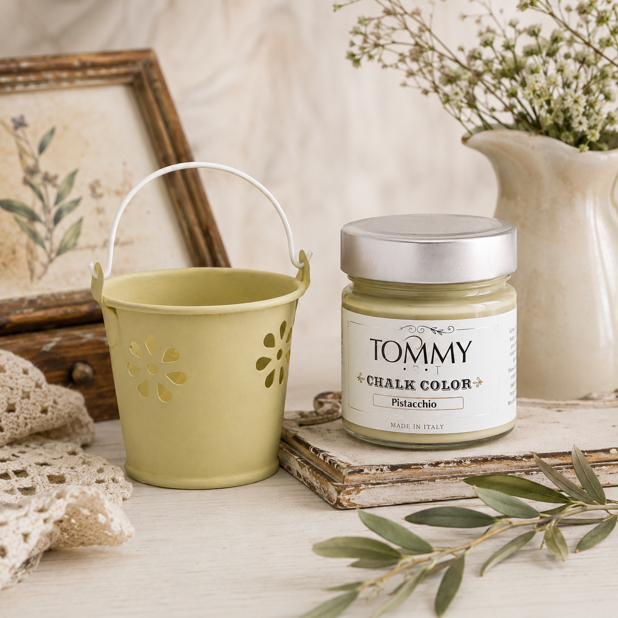 Barattolo vernice chalk pistacchio e secchiello decorativo