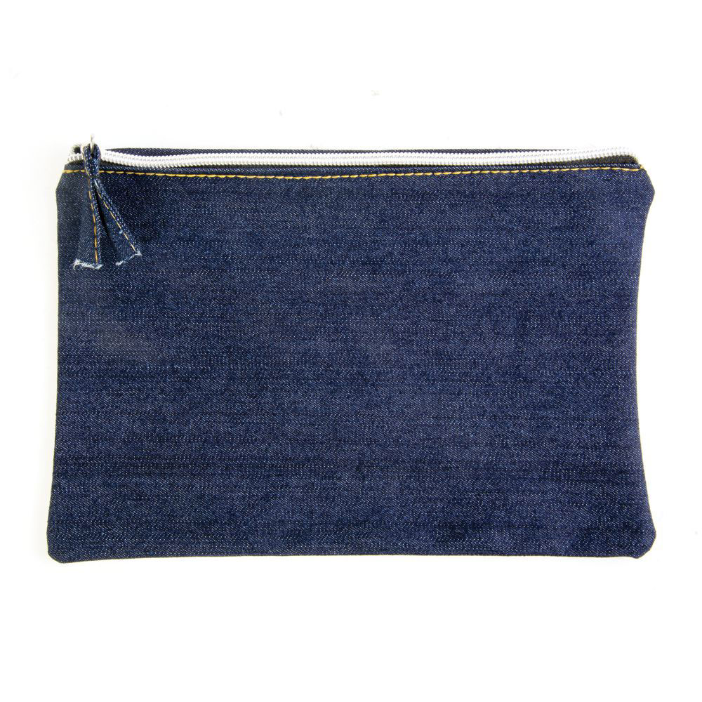 Astuccio in denim blu con cerniera bianca