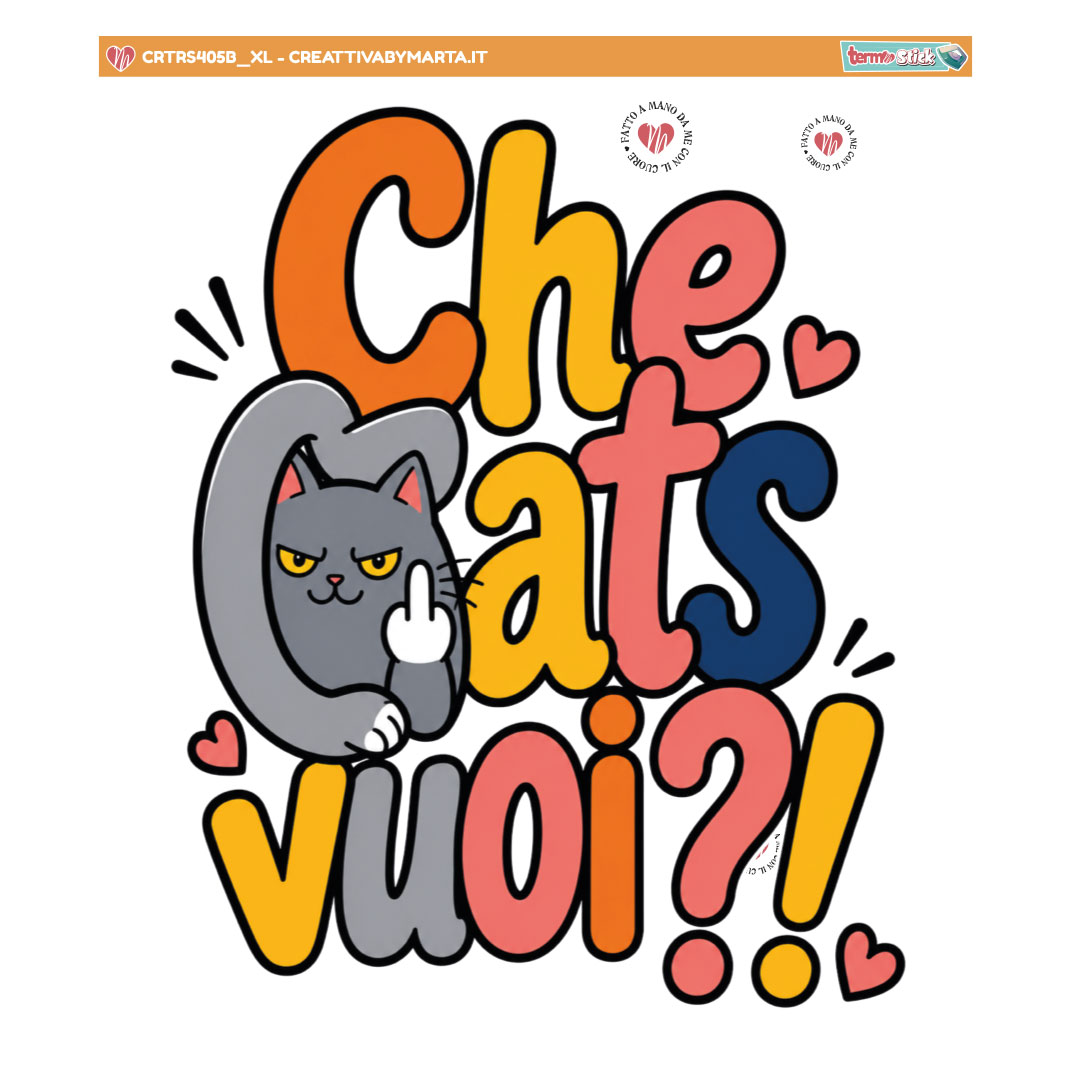 Gatto grigio arrabbiato con scritta colorata Che cats vuoi