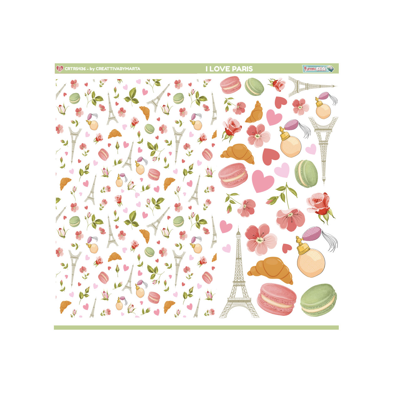 Pattern romantico con Torre Eiffel e macarons