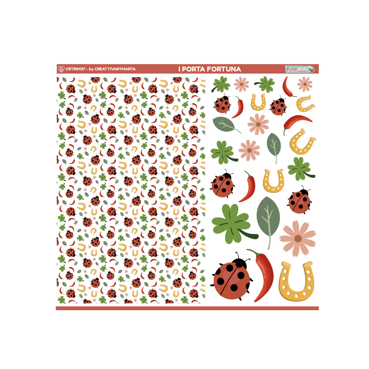 Carta decorativa con coccinelle e simboli portafortuna