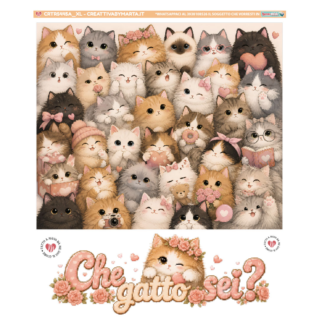 Illustrazione di tanti gattini kawaii con cuori rosa
