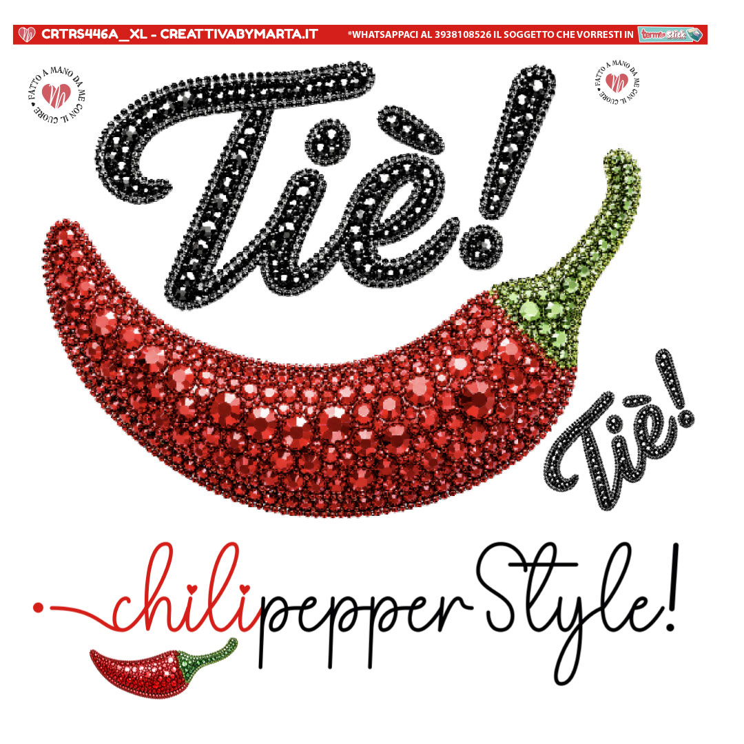 Grafica strass peperoncino rosso con scritta Tie