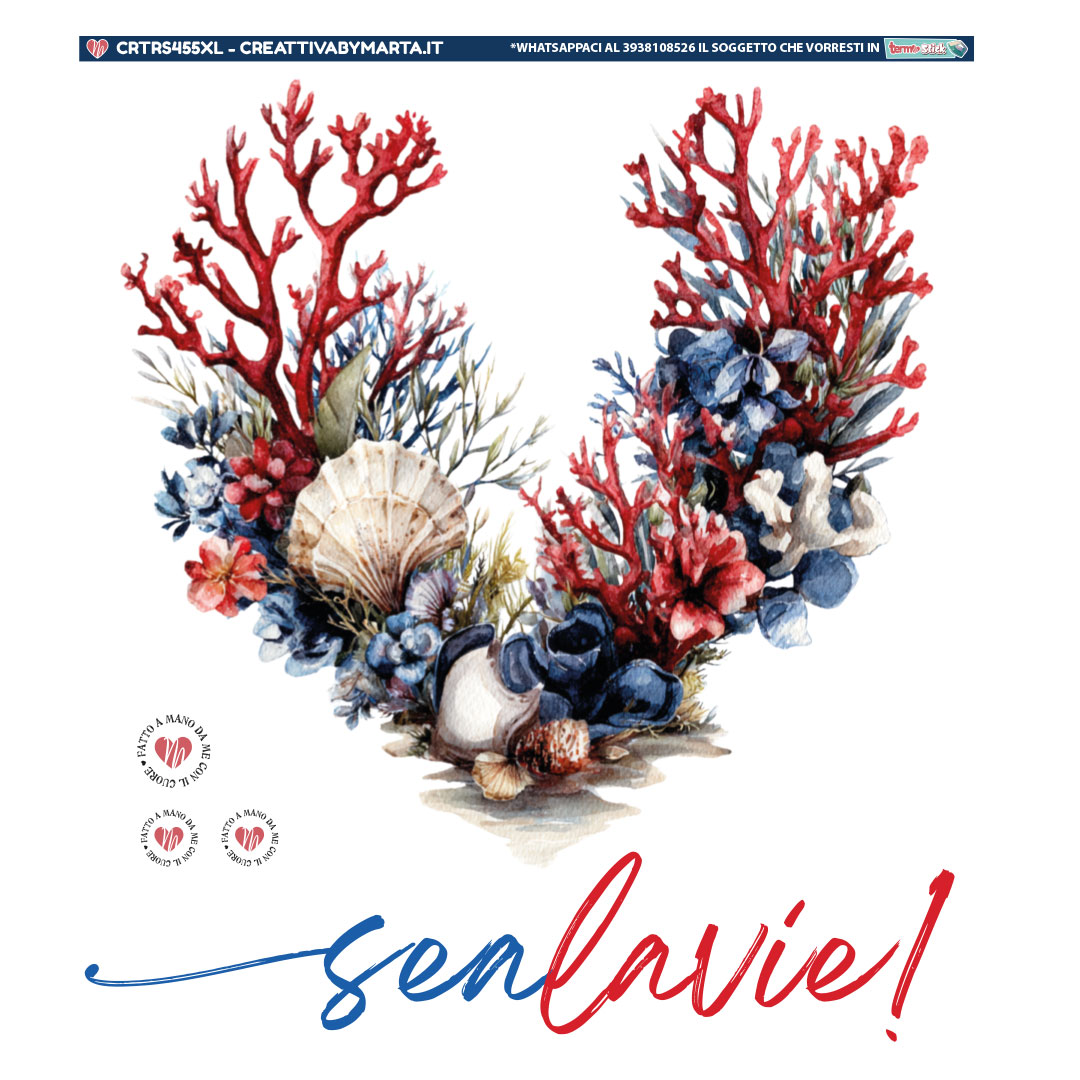 Lettera V decorata con coralli e conchiglie marine