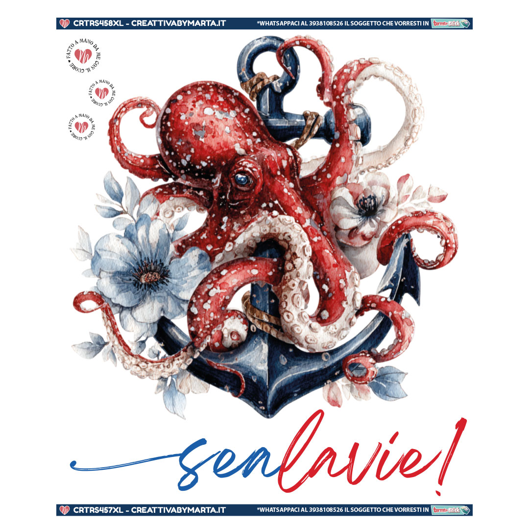 Polpo rosso su ancora blu con fiori