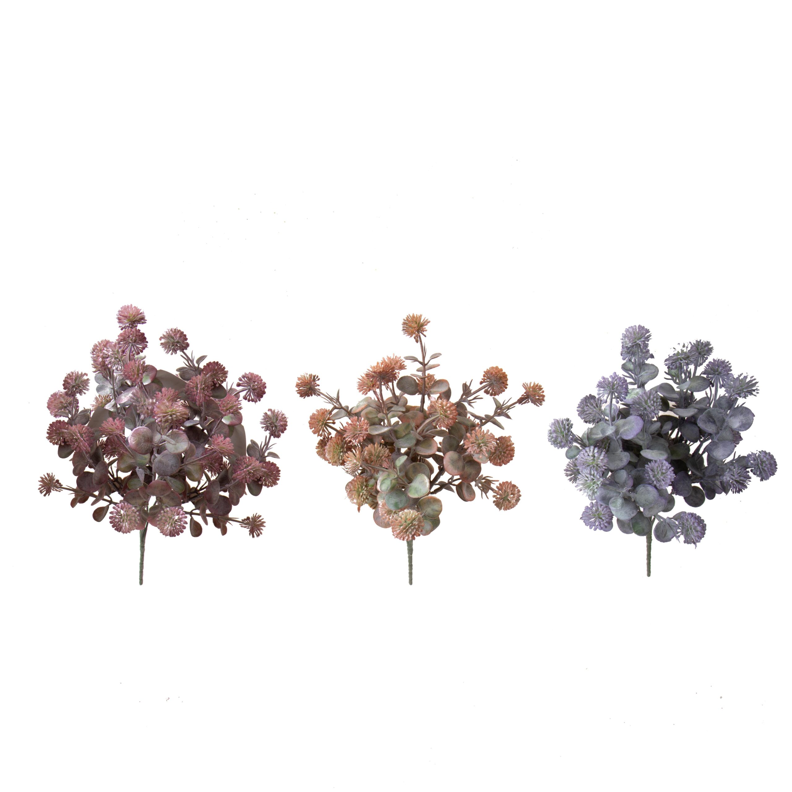 Tre bouquet decorativi dai toni pastello su sfondo bianco