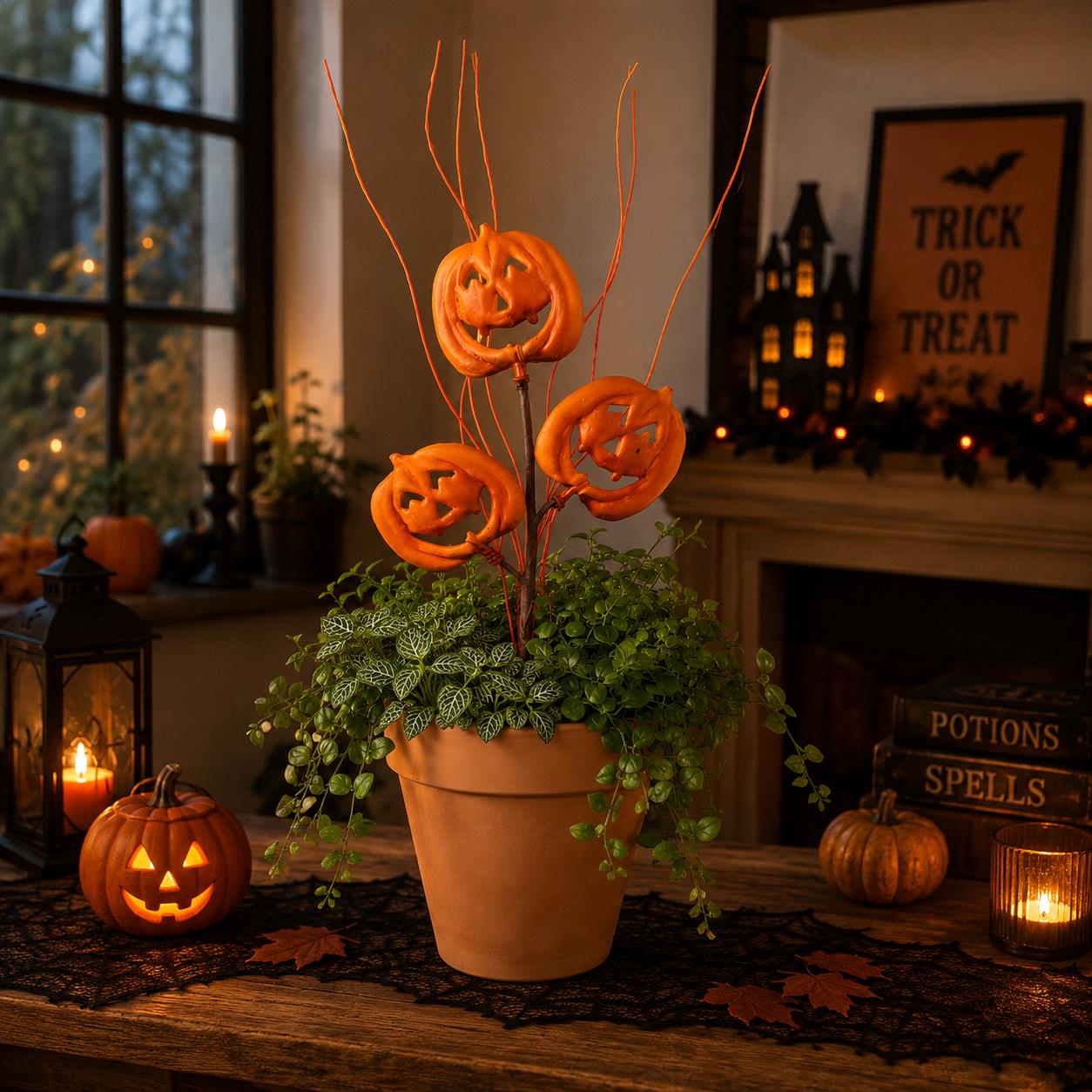 Decorazione Halloween con zucche in vaso illuminate