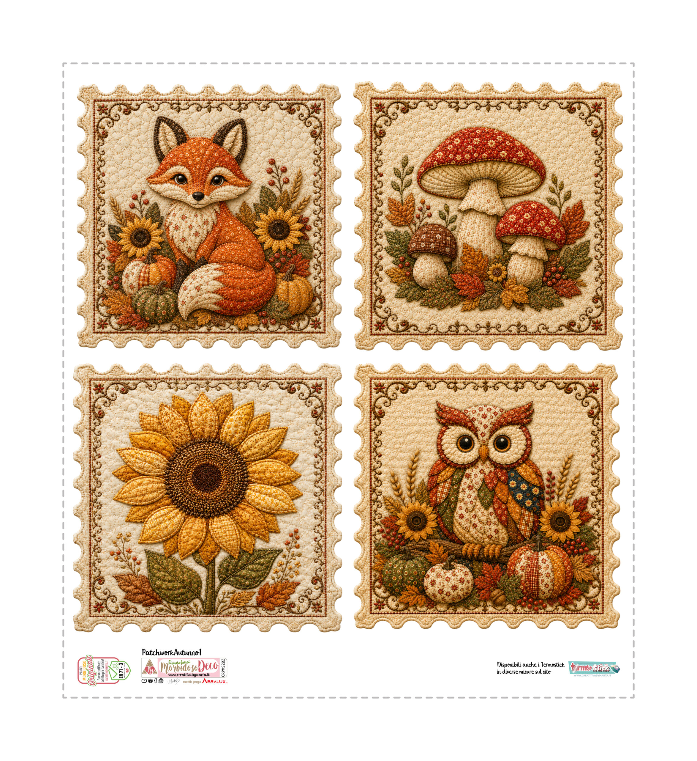 Pannelli patchwork autunnali con volpe, gufo e girasole