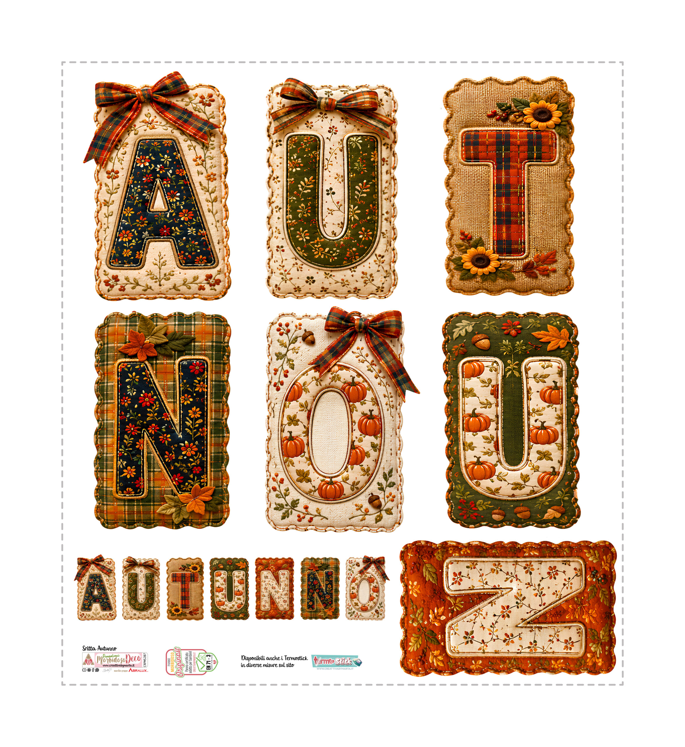 Lettere decorative autunnali con motivi floreali e zucche