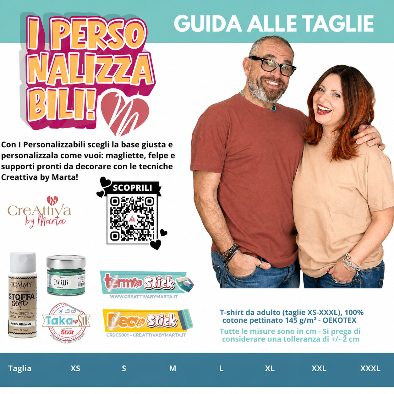 Guida alle taglie t-shirt personalizzabili con coppia sorridente