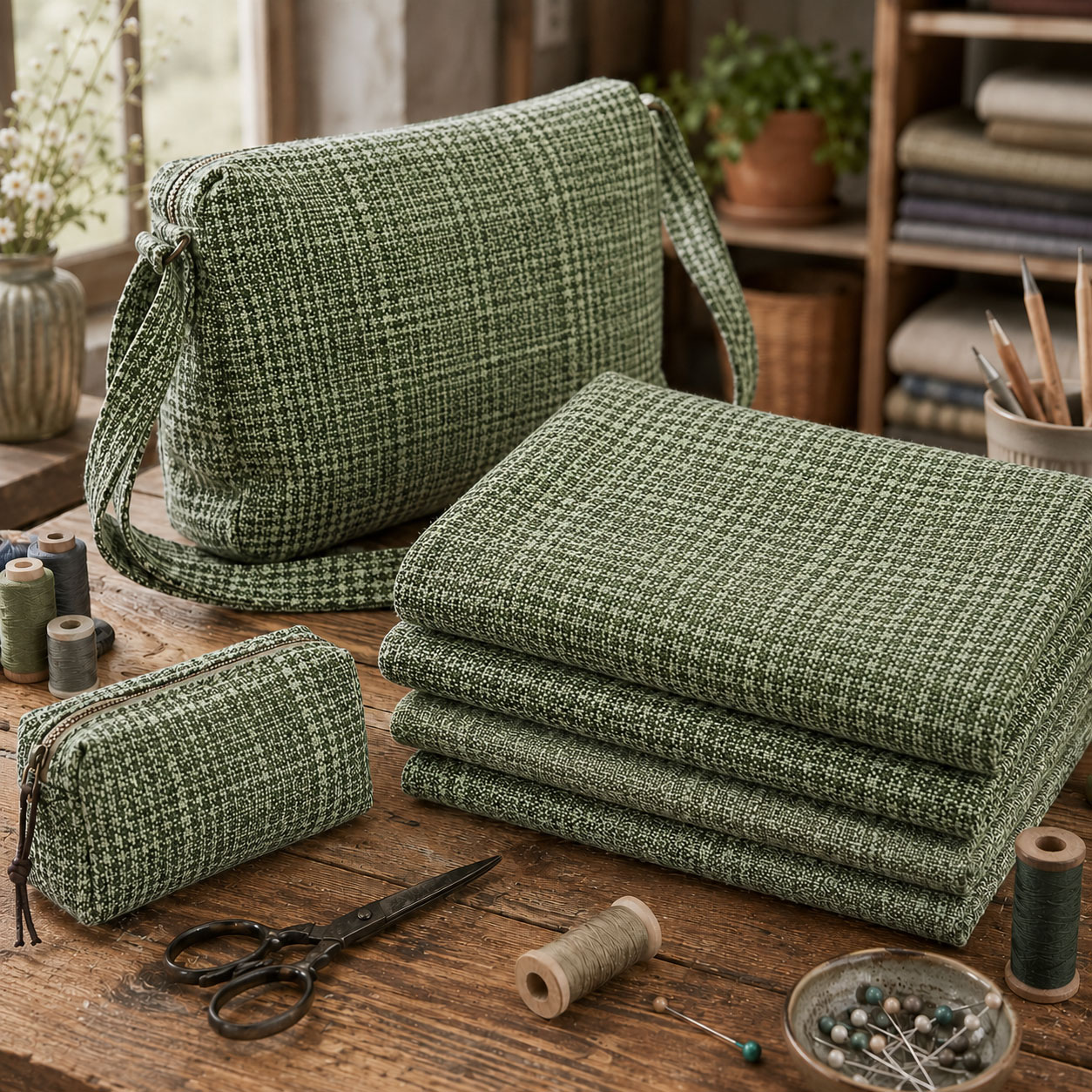 Borsa e tessuto verde su tavolo da cucito