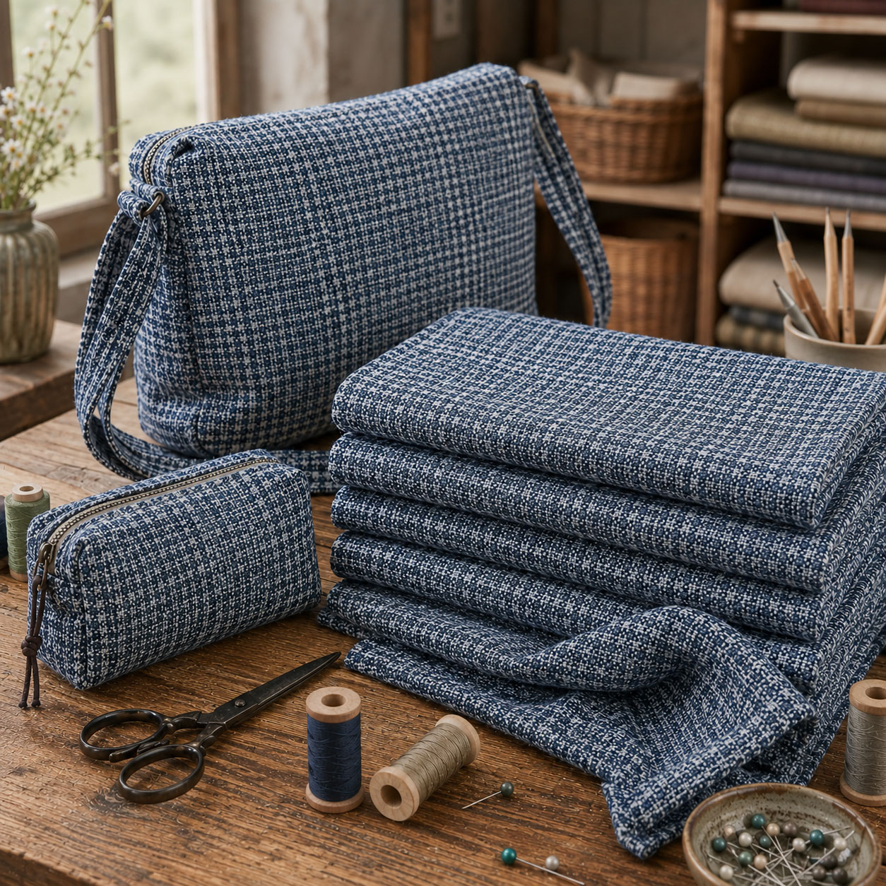 Tessuto blu piegato con borsa artigianale