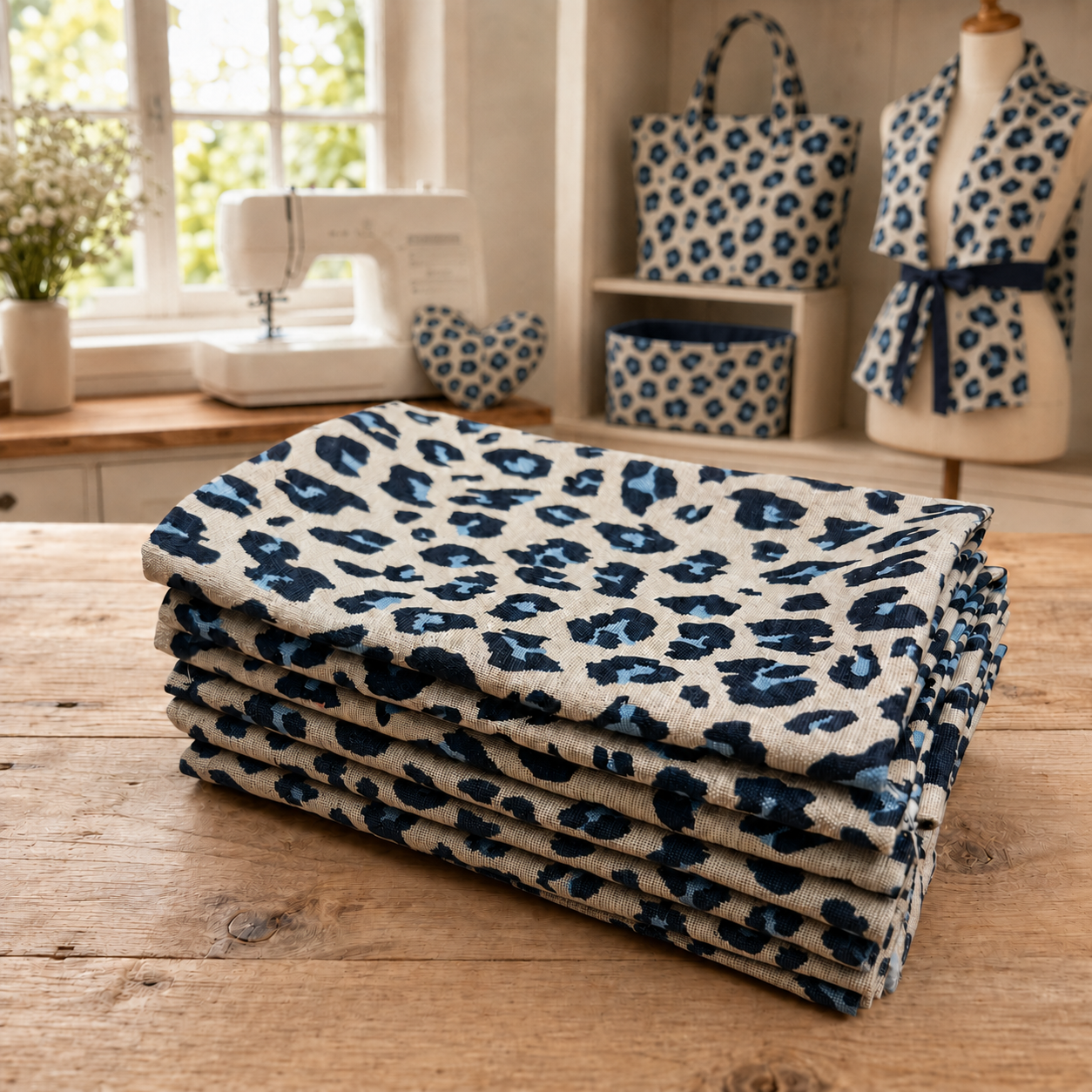 Tessuto piegato fantasia leopardata blu su tavolo