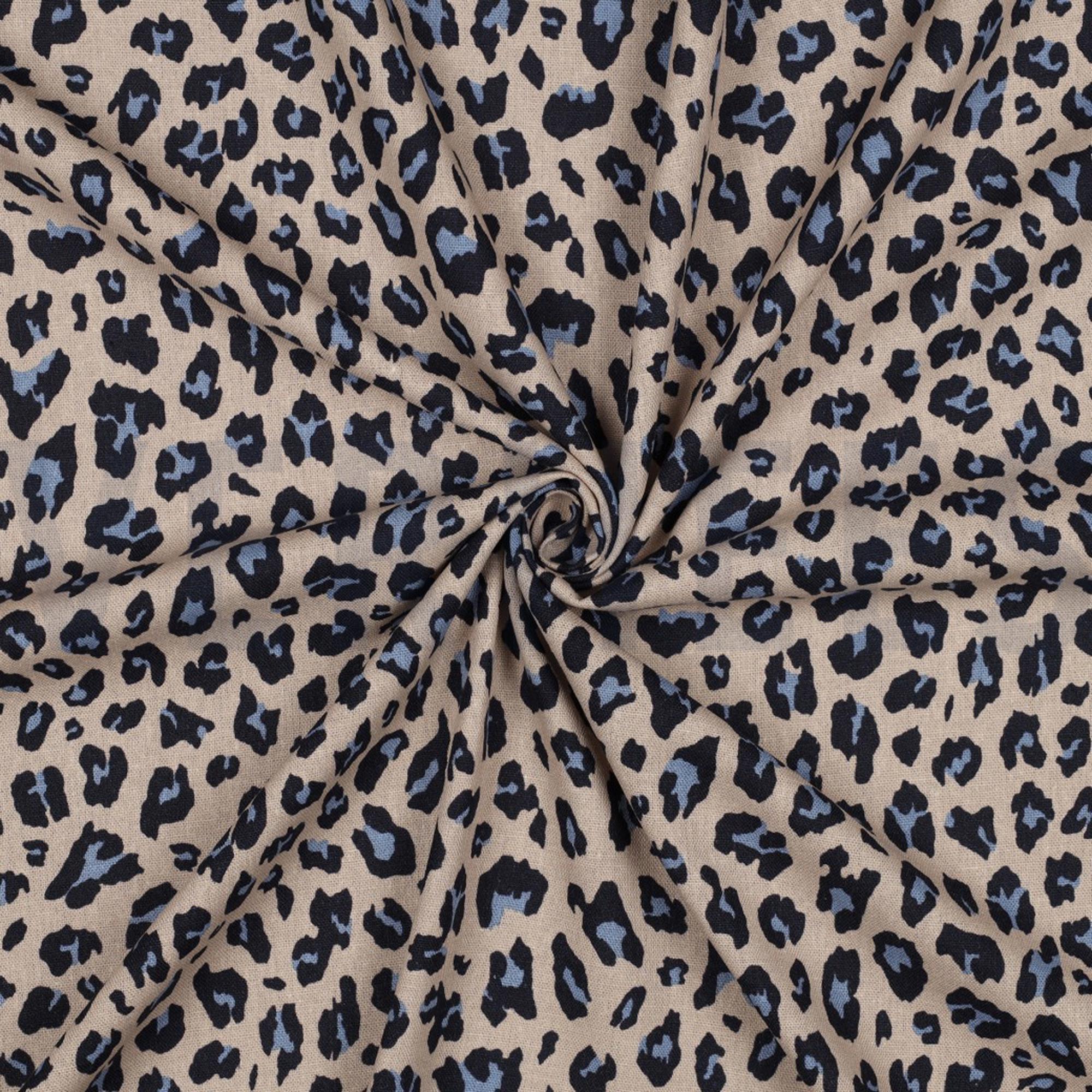 Tessuto beige con stampa leopardata nera e blu