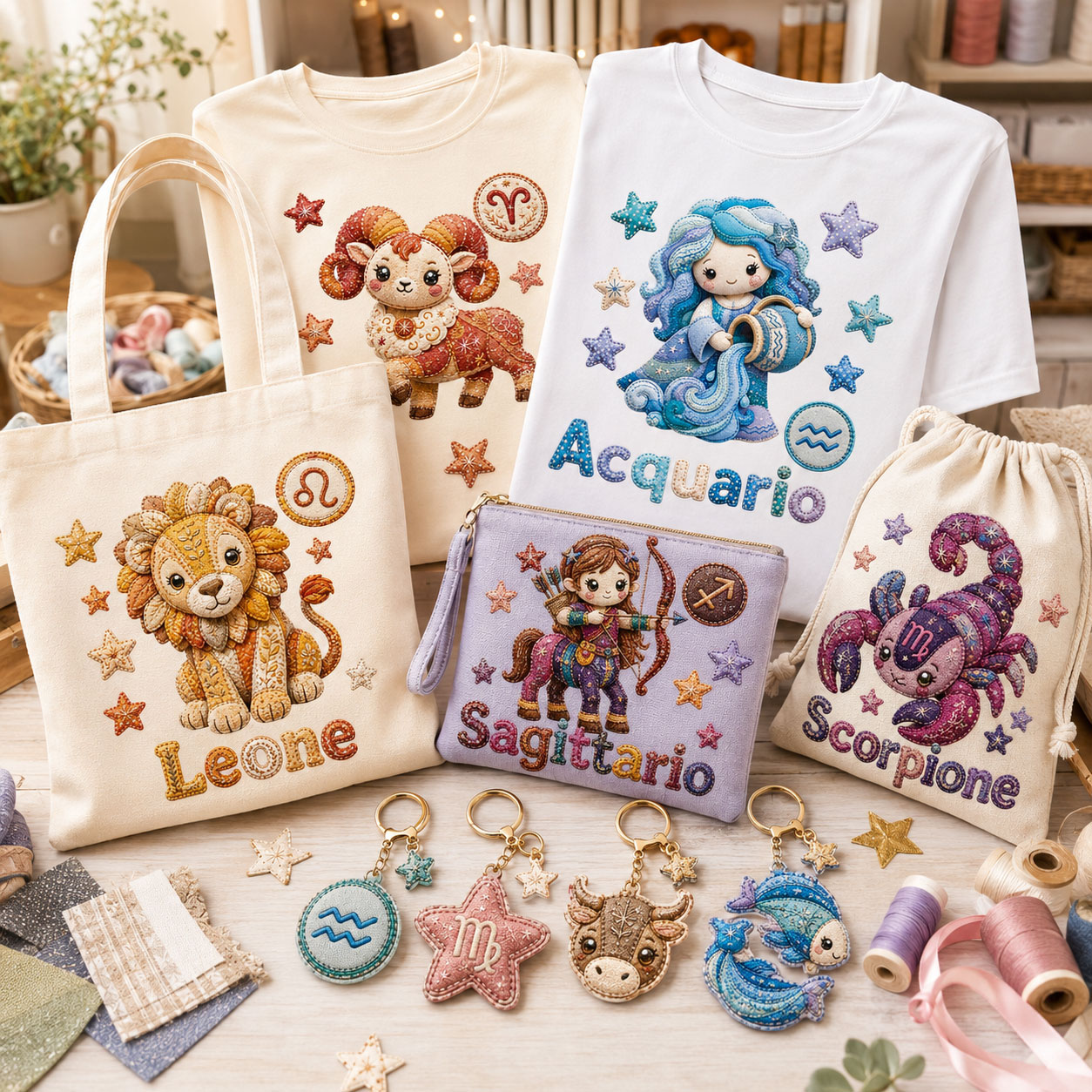 Prodotti artigianali segni zodiacali su borse e magliette