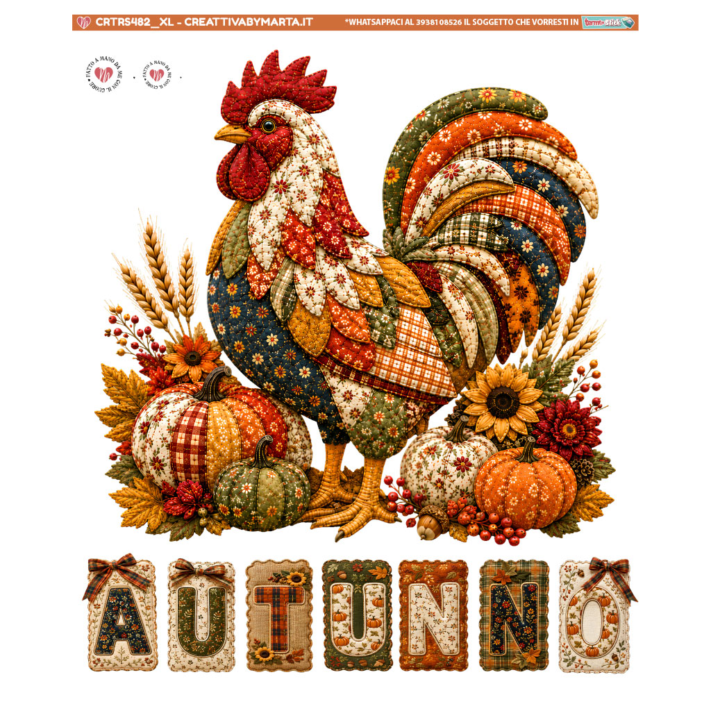 Gallo patchwork con zucche e decorazioni autunnali