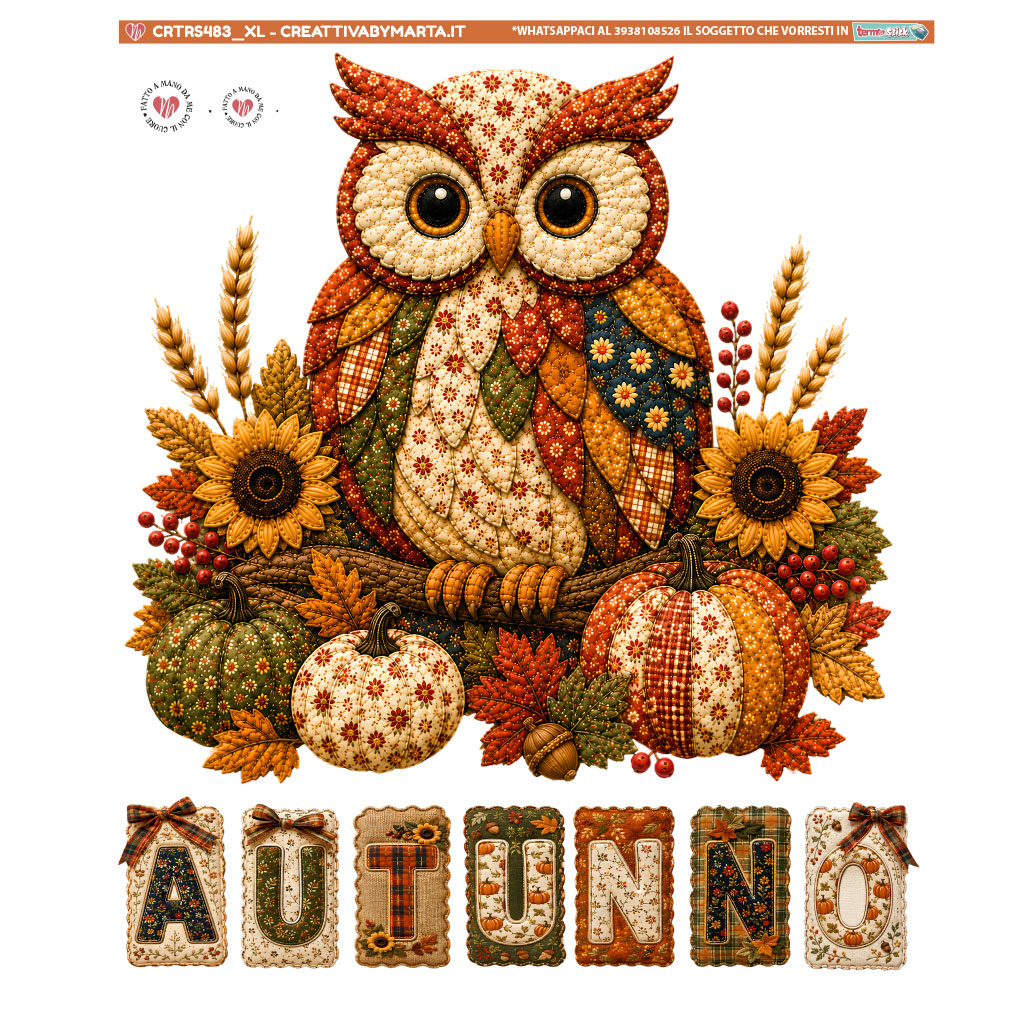 Gufo patchwork autunnale con zucche e girasoli