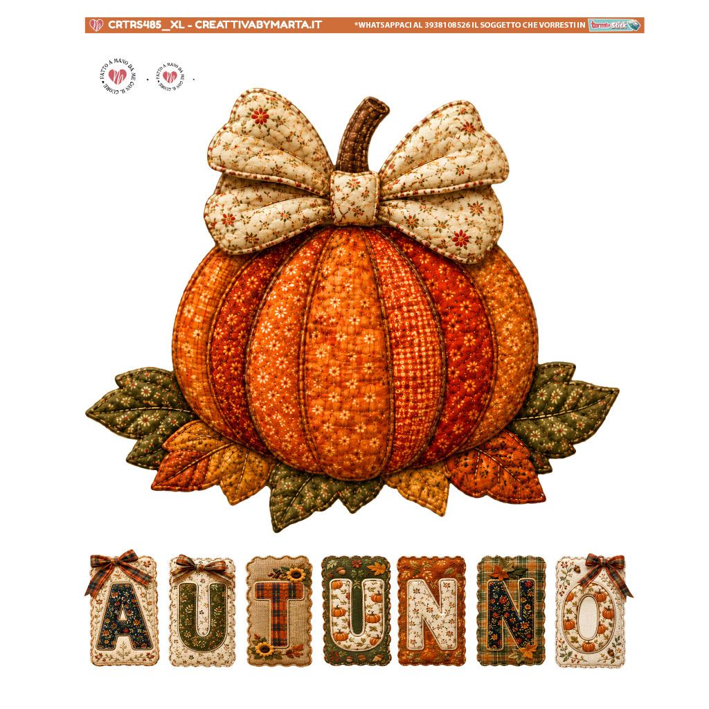 Zucca patchwork decorativa con fiocco e scritta Autunno