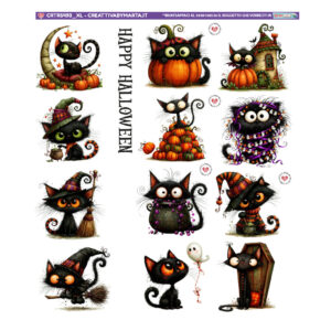 Illustrazioni gatti neri Halloween con zucche e streghe