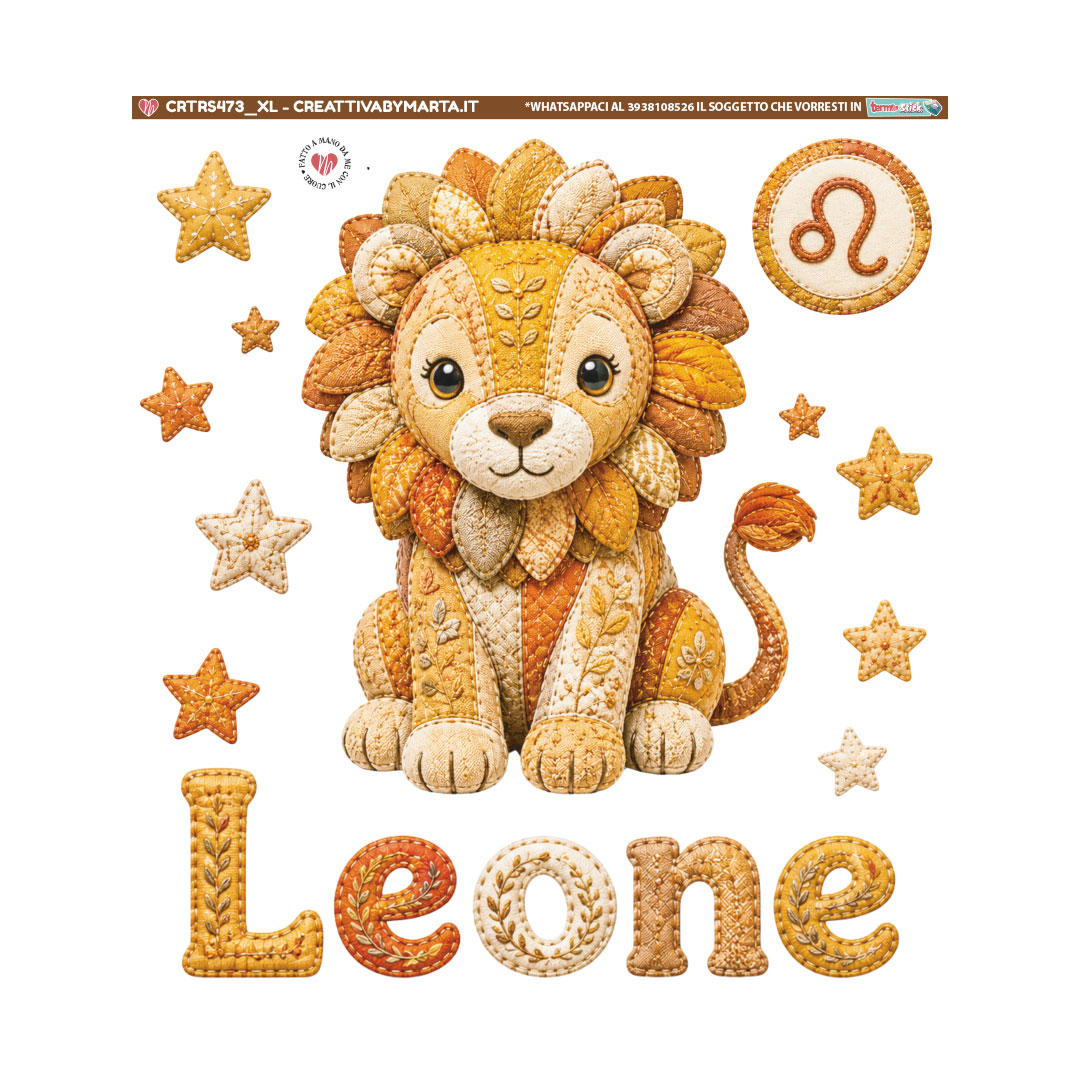 Leone patchwork con stelle e simbolo zodiacale
