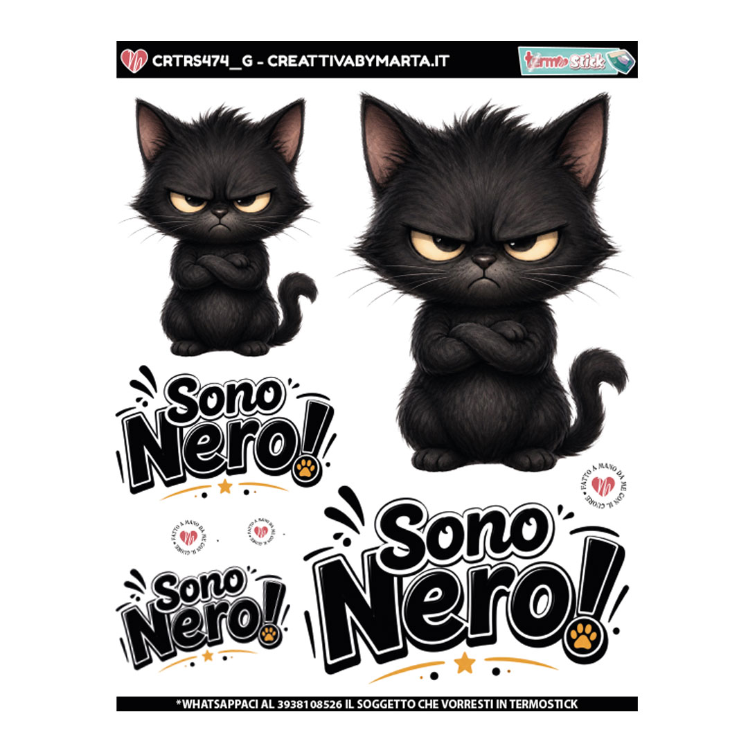 Gattino nero arrabbiato con scritta Sono Nero