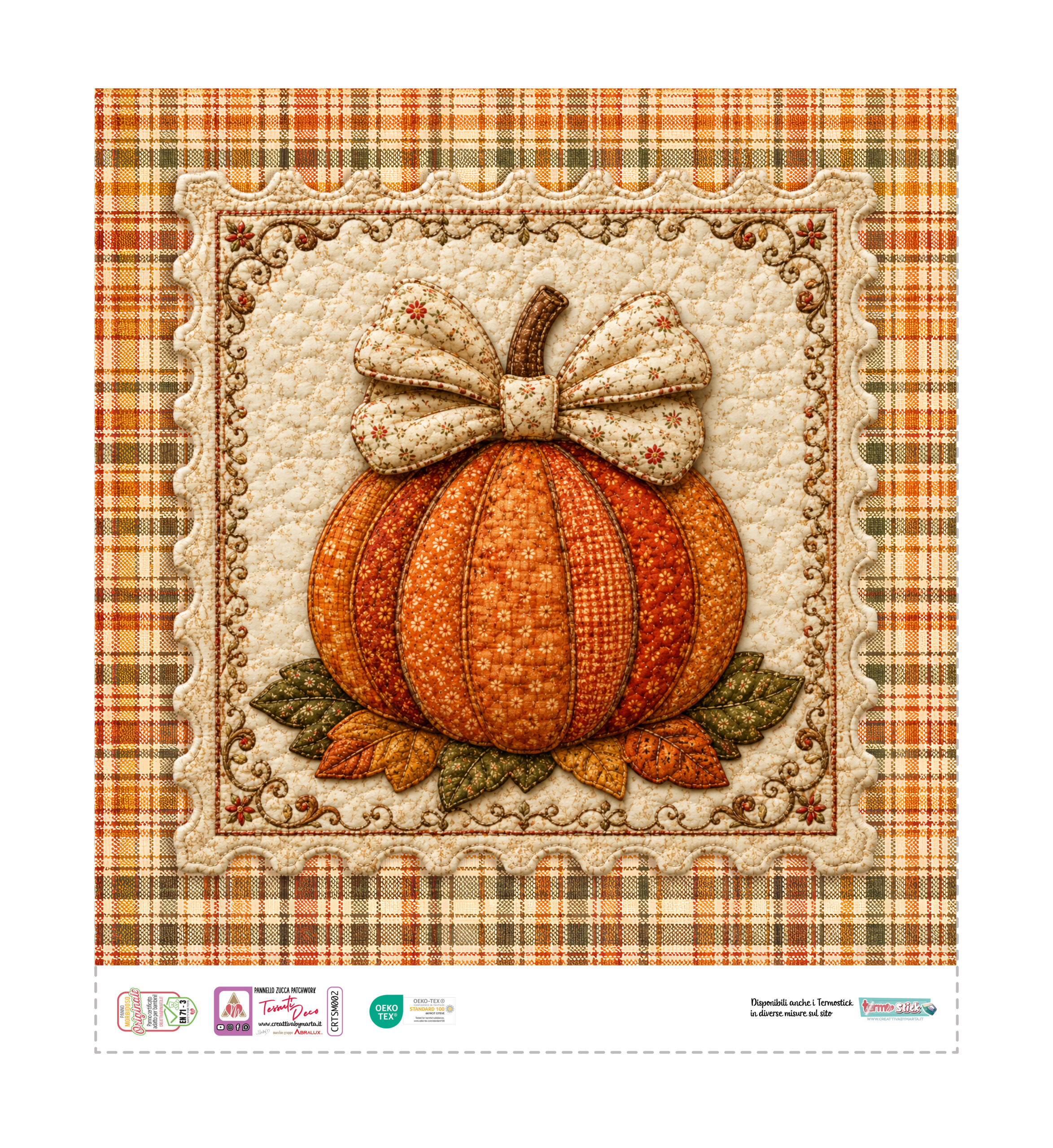 Zucca patchwork con fiocco su sfondo scozzese