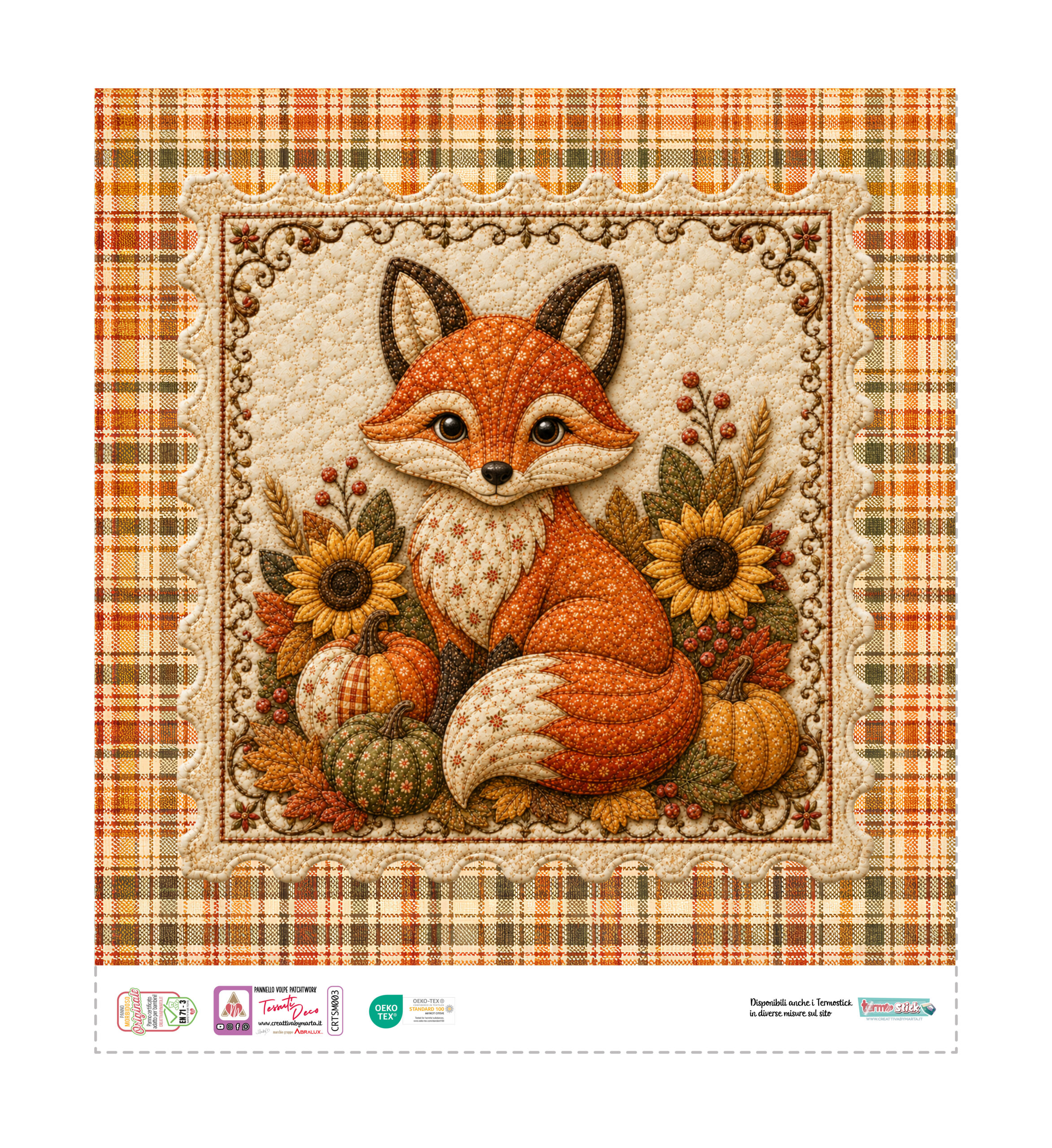 Volpe patchwork con zucche e girasoli autunnali