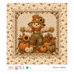 Spaventapasseri patchwork con zucche e foglie autunnali