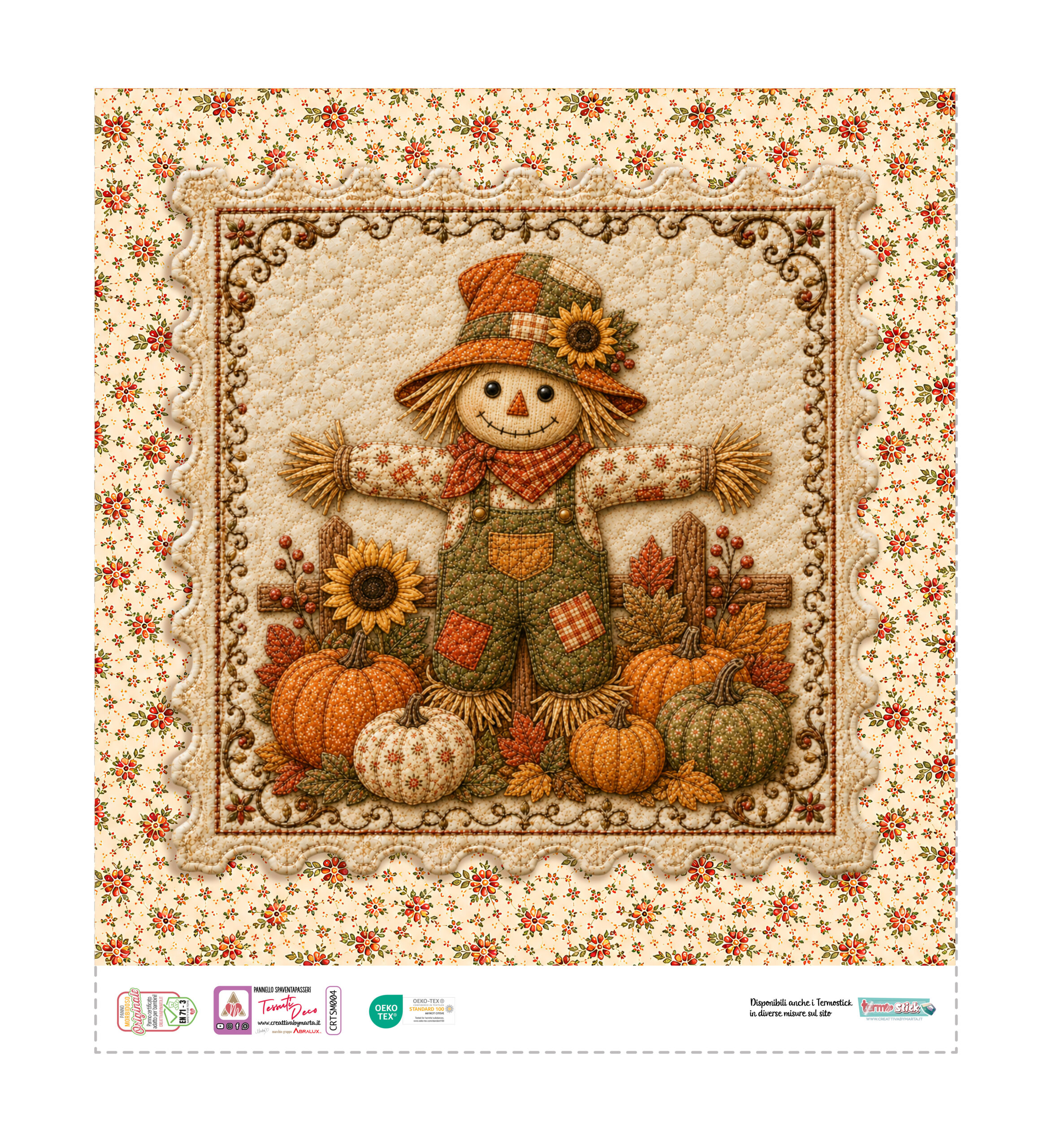 Spaventapasseri patchwork con zucche e foglie autunnali