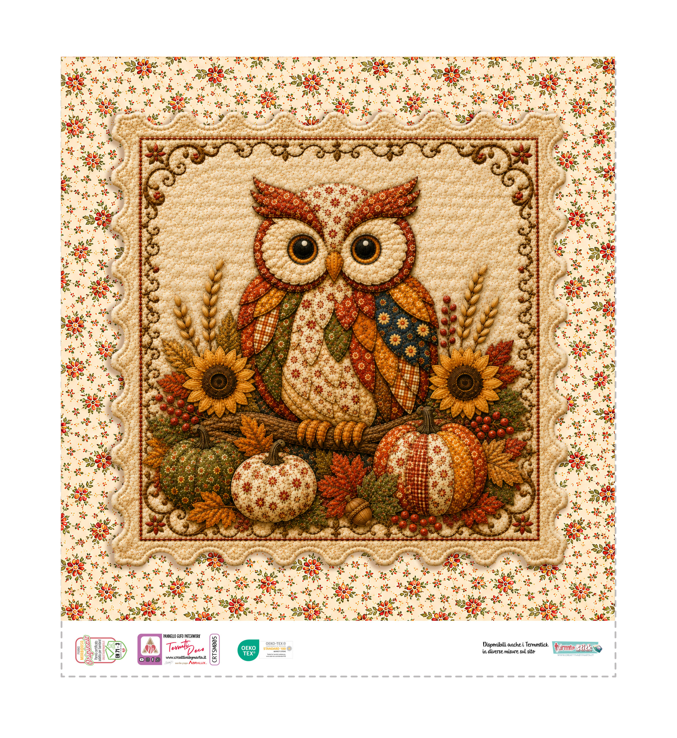Gufo patchwork con zucche e girasoli autunnali