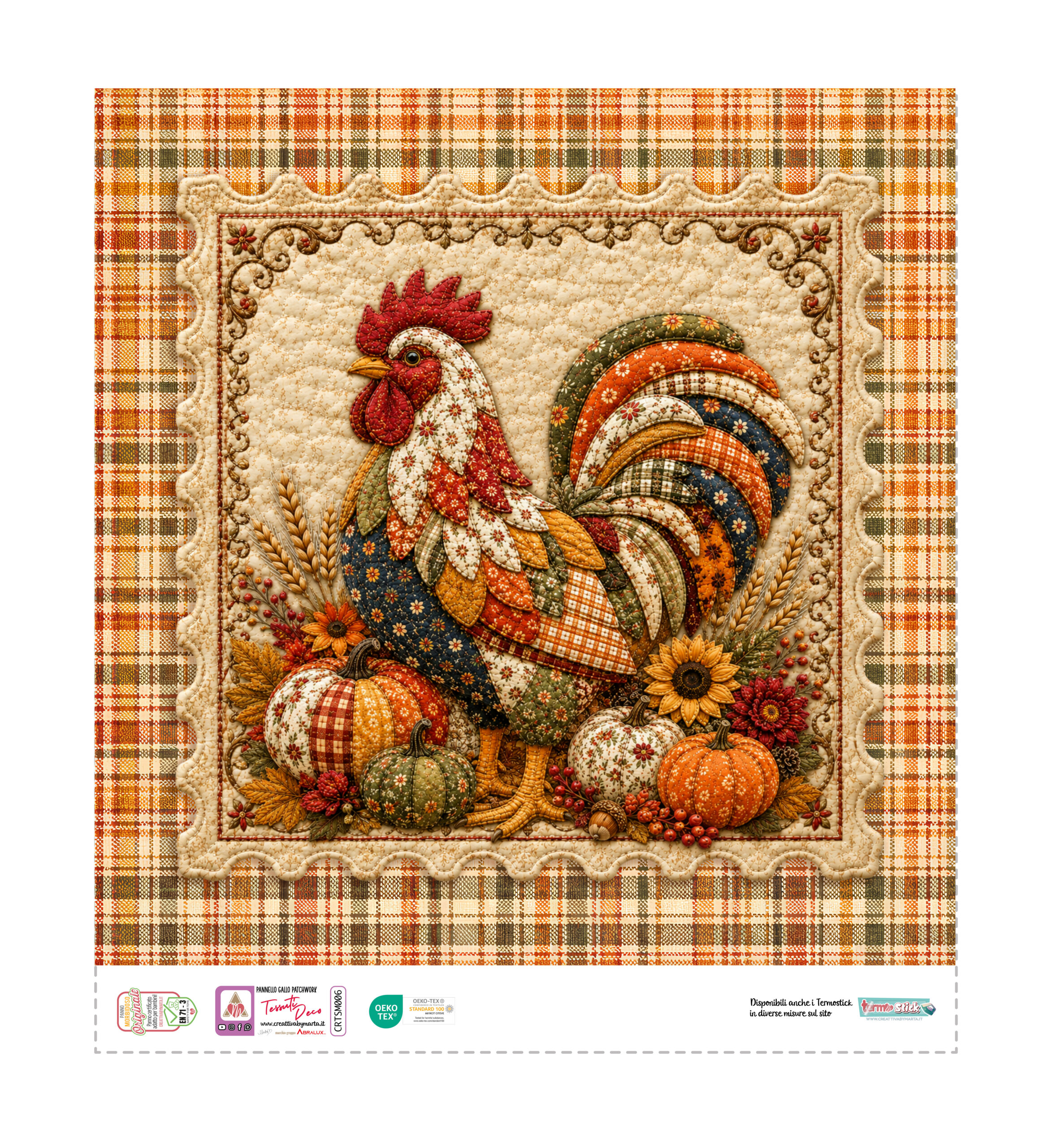 Gallo patchwork con zucche e fiori autunnali