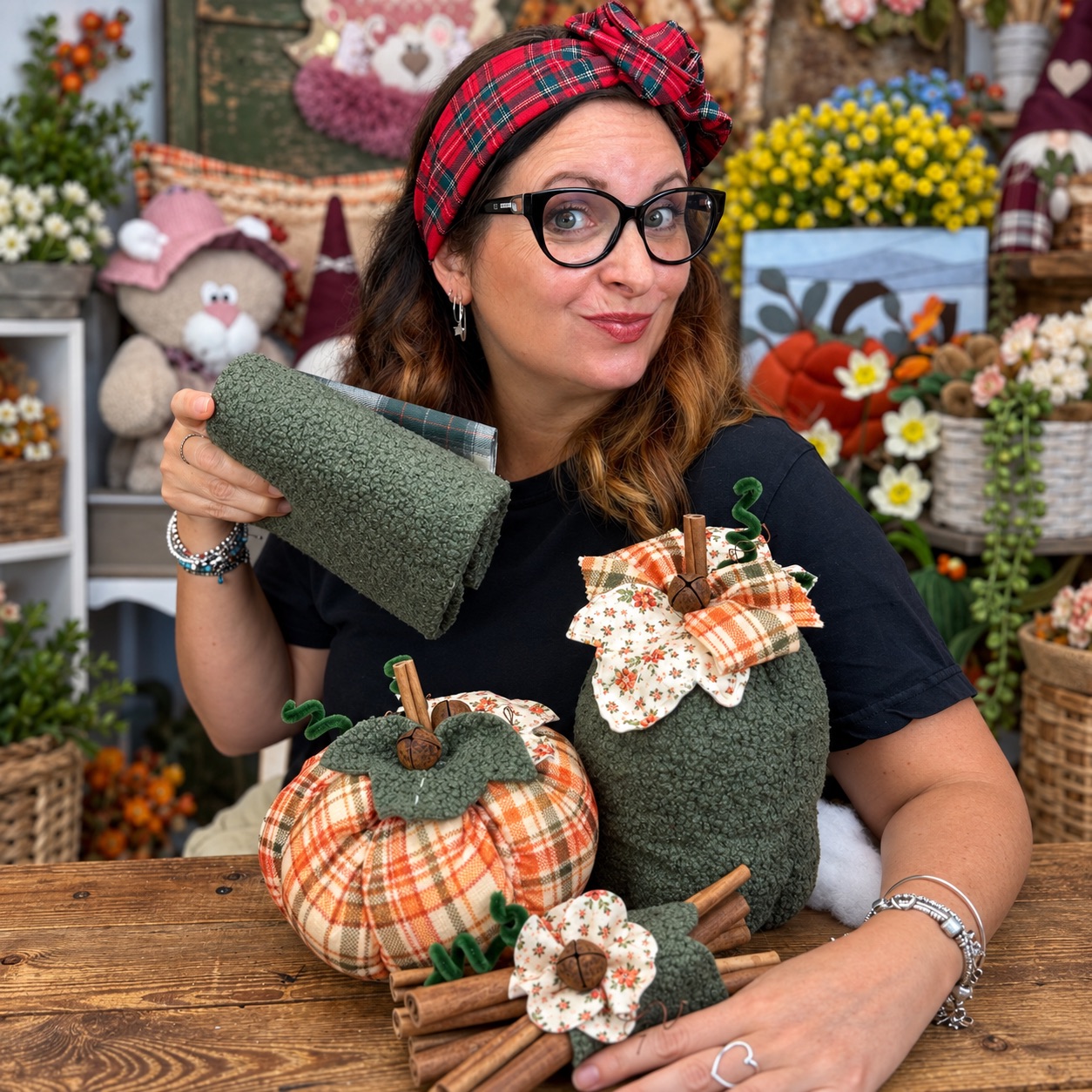 Donna mostra zucche decorative in tessuto autunnale