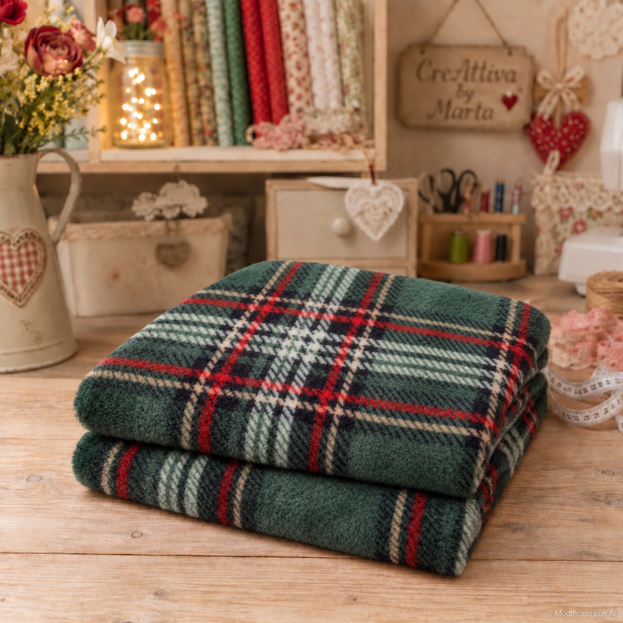 Plaid scozzese verde piegato su tavolo da cucito