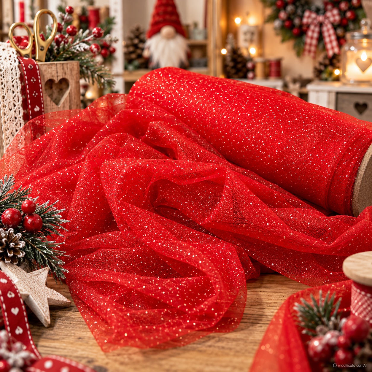 Rotolo di tulle rosso glitterato tra decorazioni natalizie
