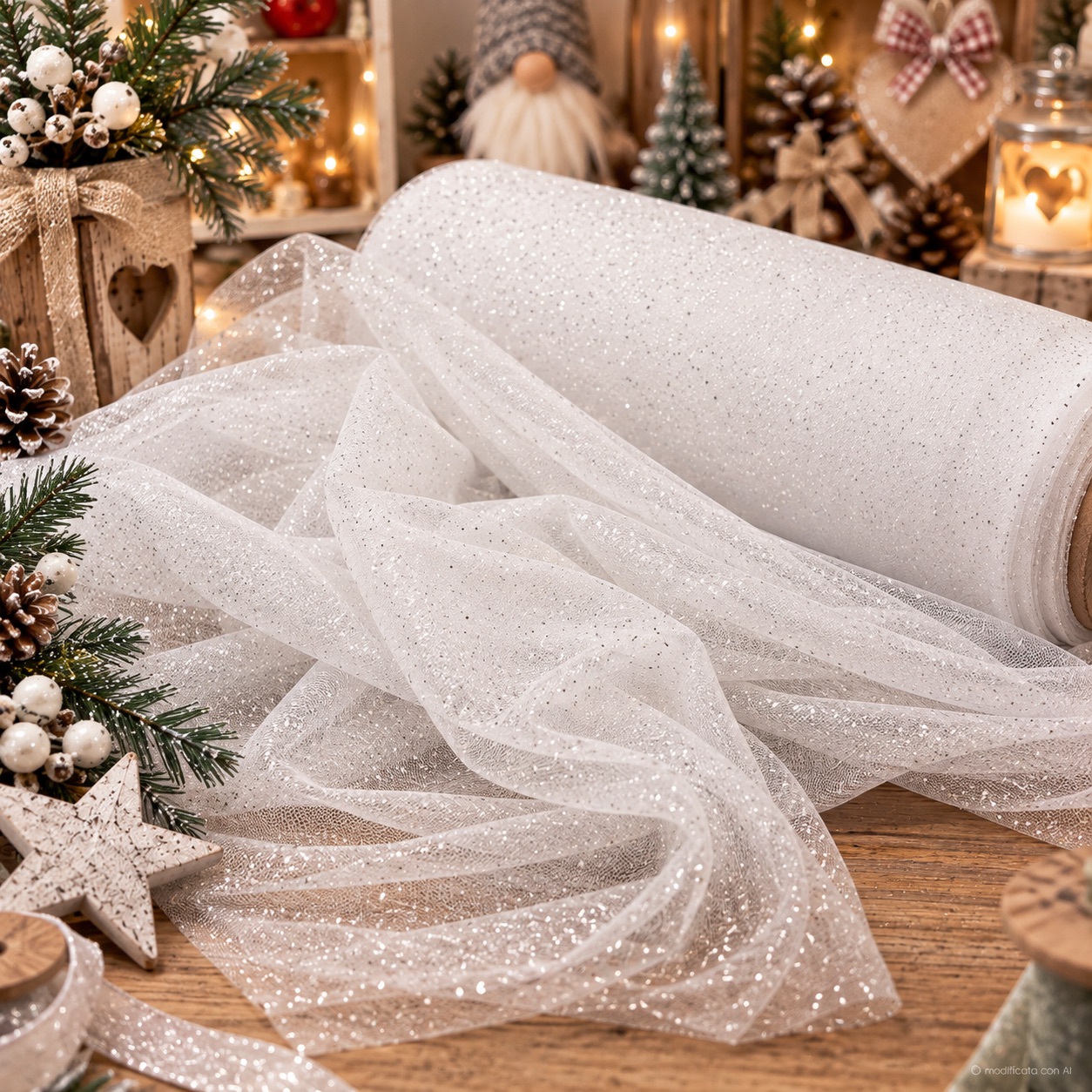 Rotolo di tulle glitterato bianco tra decorazioni natalizie