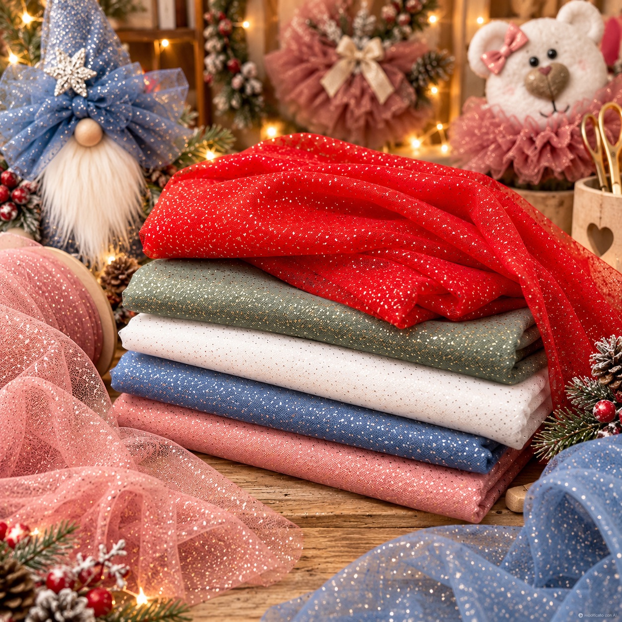 Tessuti glitterati natalizi piegati con decorazioni festive