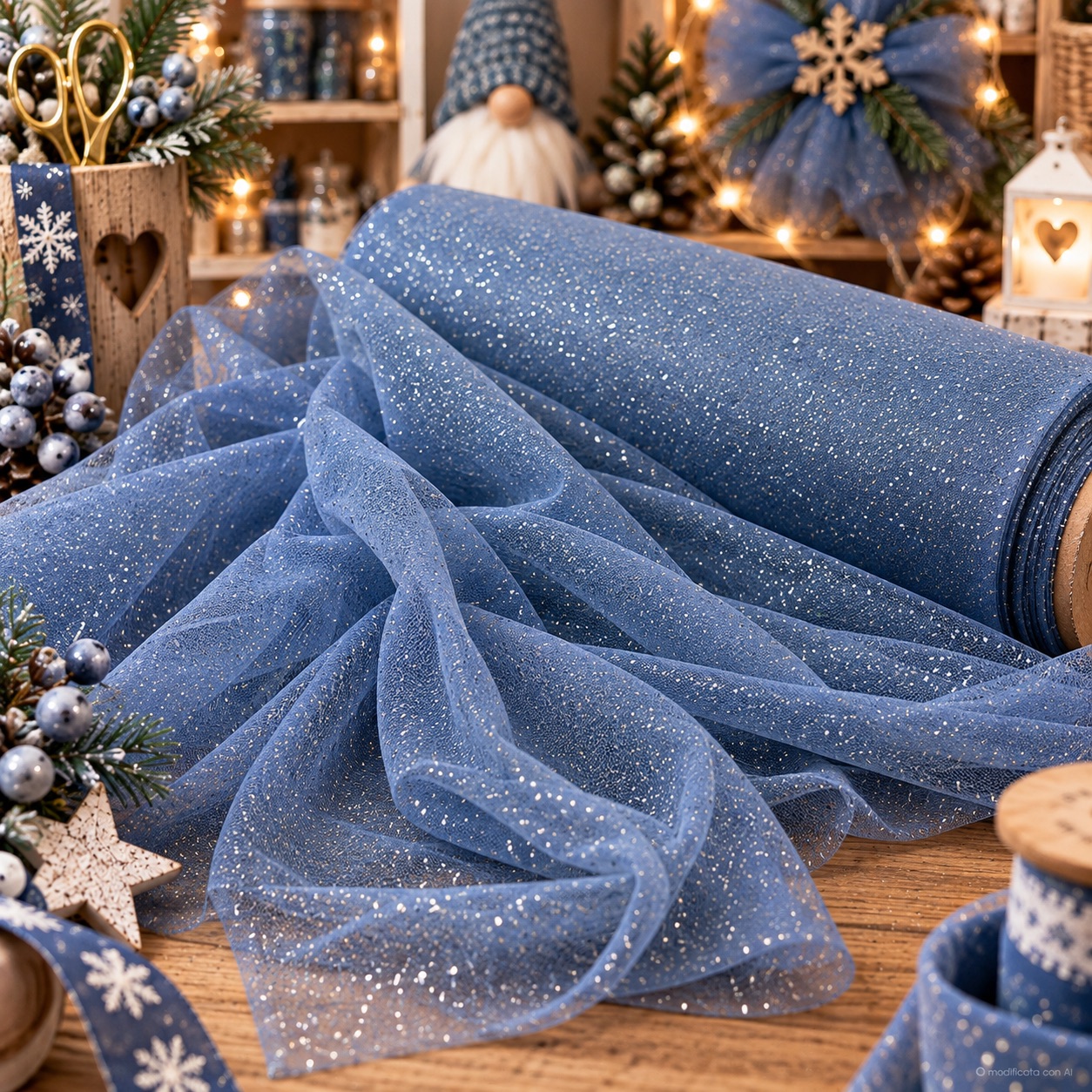 Rotolo di tulle blu glitterato con decorazioni natalizie