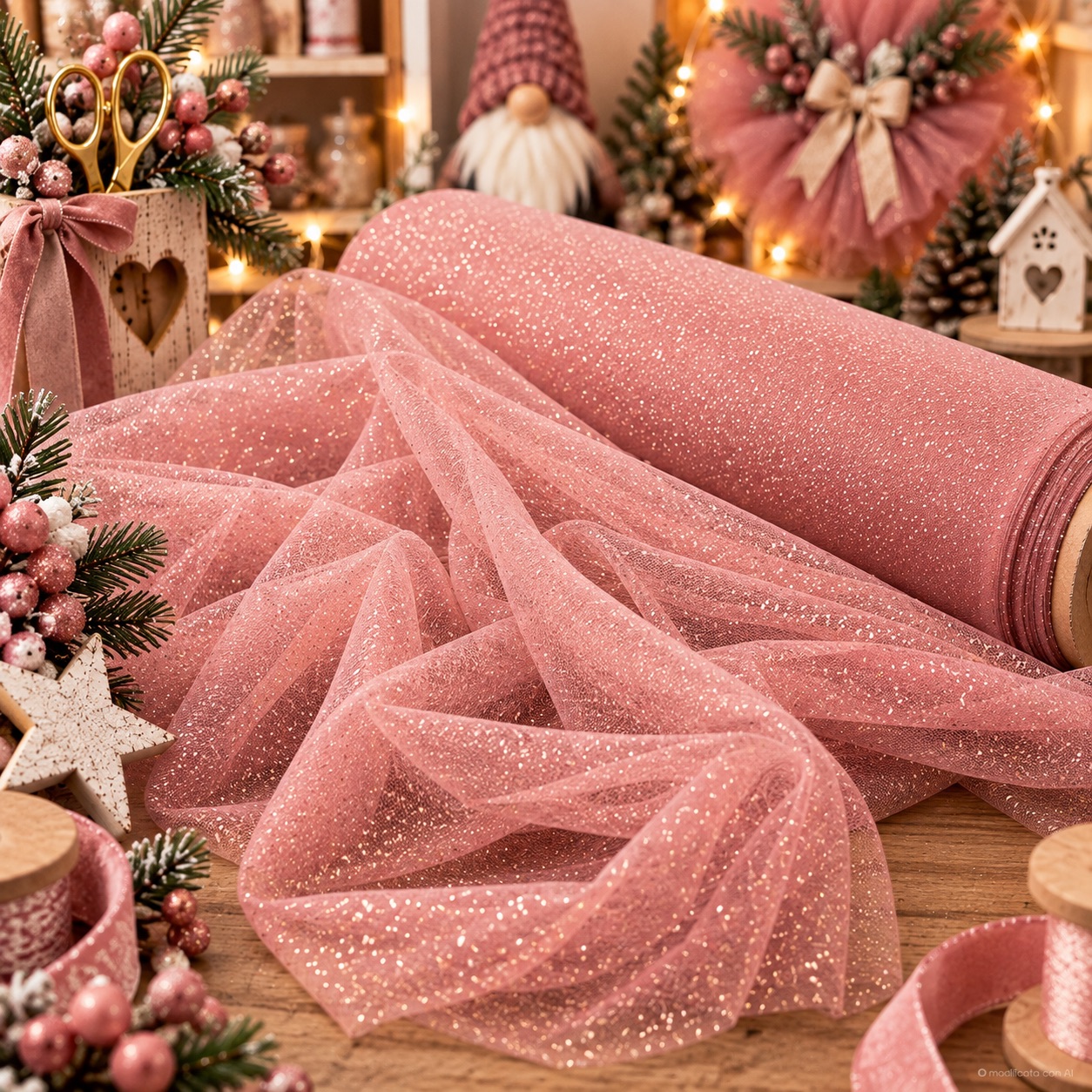 Rotolo di tulle rosa glitterato tra decorazioni natalizie